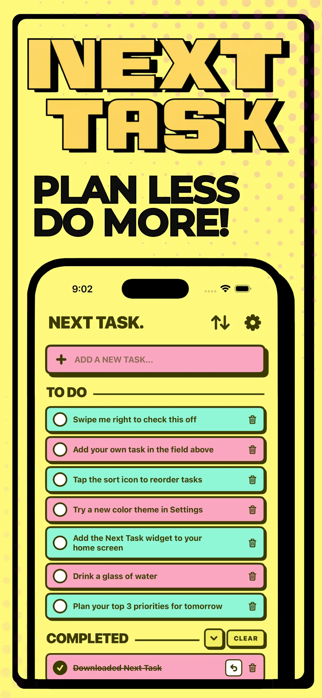 The Next Task list: to-do items on top, completed items underneath